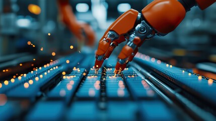 Robotic arm powered by AI assembling microchips on a conveyor belt, factory setting with high attention to mechanical details