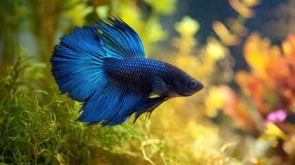 Vibrant blue fish in aquarium