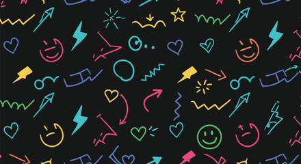 Colorful Doodle Pattern with Hearts Arrows Lightning Bolts and Smiley Faces