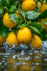 Fresh yellow lemons on branch splashing into water, with green leaves and raindrops, vibrant and refreshing.