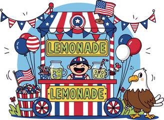 Fototapeta premium Patriotic Lemonade Stand with a Happy Child and Eagle