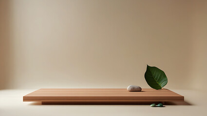 Serene Minimalist Product Display: Light Beige Background, Wooden Platform, Stone, Leaf