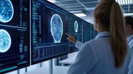Team of engineers monitoring a massive transparent AI interface on a large screen inside a high-tech control room