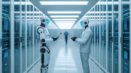 Wide-angle view of a futuristic AI research lab, glass walls, robotic arms assembling AI chips