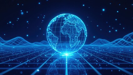 Fototapeta premium Futuristic neon blue digital globe illuminates a data rich abstract landscape with wavy lines and glowing particles