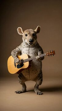 Anthropomorphic creature resembling a possum plays an acoustic guitar