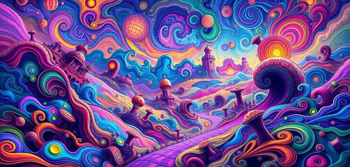 Whimsical landscape with vibrant, swirling patterns & enchanting shapes in a surreal, abstract wonderland, texture, illustration