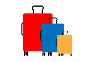High-res PNG illustration of three colorful wheeled suitcases in red, blue, and orange with handles, isolated on transparent background. Perfect for travel, vacation, family trips, airport, tourism