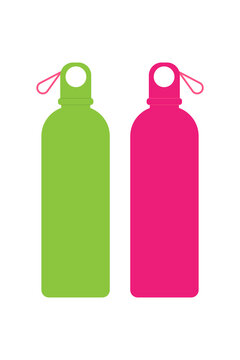 Two colorful water bottles in green and pink with carrying loops isolated on white background. Reusable drink containers for hydration, fitness, sports, eco-friendly lifestyle and wellness concept