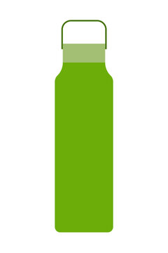 Green water bottle with white cap and handle isolated on white background. Eco-friendly reusable drink container for hydration, fitness, sports, outdoor activities and sustainable lifestyle concept