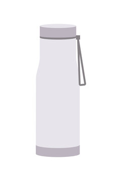 Grey water bottle with black cap and carrying strap isolated on white background. Sleek reusable drink container for hydration, fitness, sports, outdoor activities and eco-friendly lifestyle concept