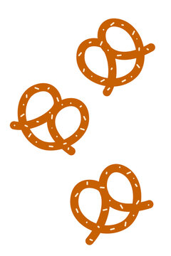 Vector illustration of three salted pretzels in a fun, hand-drawn style. Ideal for food, snack, bakery, Oktoberfest, and culinary-themed design projects. High-resolution PNG on transparent background