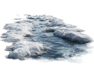 Water flowing through patches of snow