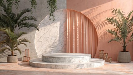 Serene Minimalist Product Display: Two-Tiered Marble Pedestal, Peach Drape, Tropical Plants, Sunlit Studio Setting, Elegant and Modern Aesthetic.