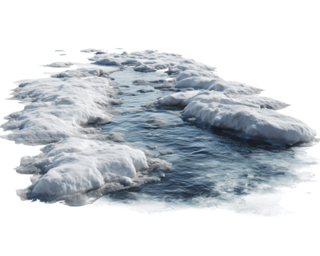 Water flowing through patches of snow