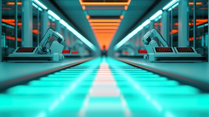 Wide-angle view of a futuristic AI research lab, glass walls, robotic arms assembling AI chips