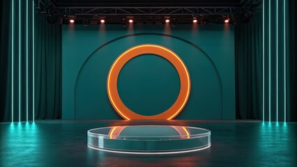Modern Teal Stage with Neon Accents, Circular Platform, and Dramatic Lighting: Product Display Background