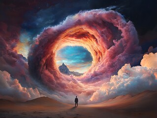 "Man Contemplating Science and Religion in Desert"