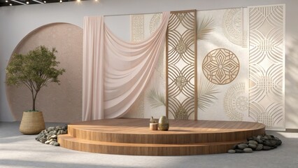 Serene Minimalist Wooden Stage with Draped Fabric, Geometric Screens, and Natural Elements:  Elegant, Calming, and Modern Design for Product Displays or Events.