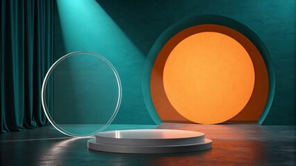 Teal and Orange Abstract Product Display: Modern Minimalist Studio Backdrop with Circular Archway, Glass Frame, and Two-Tiered Pedestal for Elegant Branding.