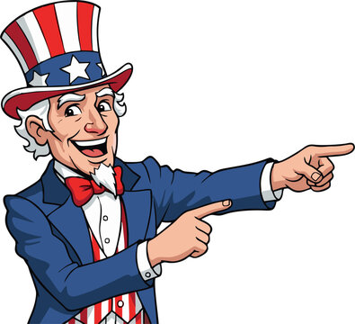 Patriotic Uncle Sam Cartoon Character Pointing with Enthusiasm and American Pride