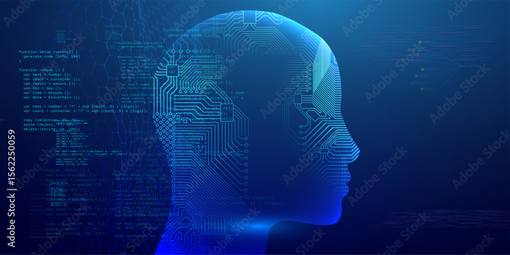 Poster ai face head with human avatar and robot design in a digital 3d scan. artificial tech wireframe with