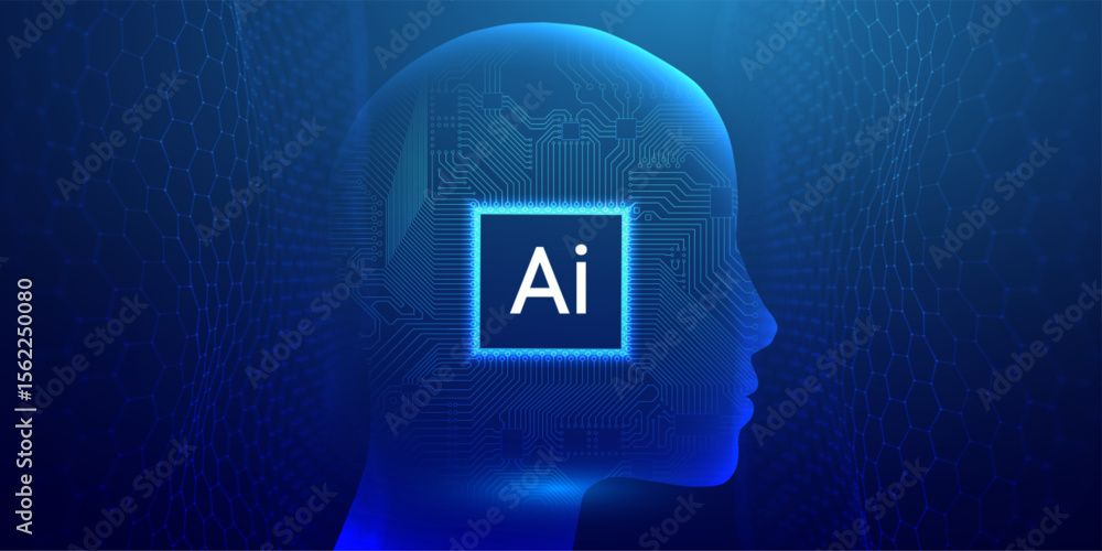 Poster ai avatar head with human face and robot features in a digital 3d scan. artificial tech wireframe wi