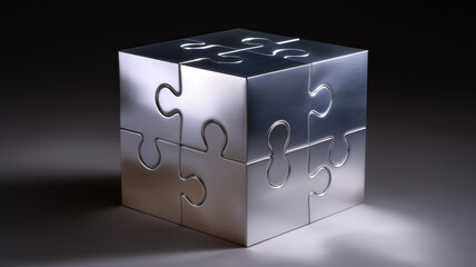 Minimal silver color D cube made entirely of interlock jigsaw puzzle pieces with smooth metallic surface and soft lighting effect