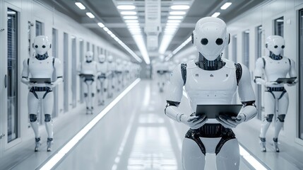 Wide-angle view of a futuristic AI research lab, glass walls, robotic arms assembling AI chips