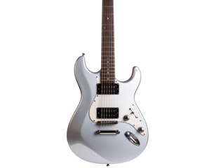  Futuristic Chrome Electric Guitar, Shiny Metallic Finish, Transparent PNG.