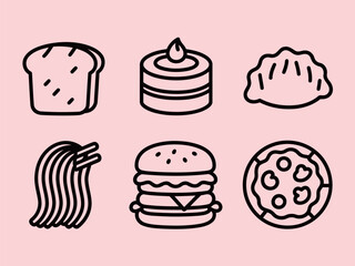 Simple Food Illustrations Featuring Bread Cake Dumpling Noodles Burger Pizza