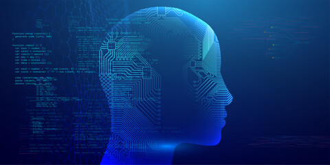 AI face head with human avatar and robot design in a digital 3D scan. Artificial tech wireframe with dot vector for virtual recognition or ID background. Futuristic mesh with cyber technology neon.