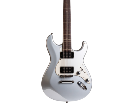  Futuristic Chrome Electric Guitar, Shiny Metallic Finish, Transparent PNG.