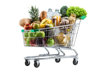 Full shopping cart with fresh groceries.