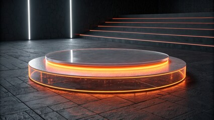Futuristic Product Display: Illuminated Circular Platform with Neon Orange Accents and Dark Grey Stone Background.