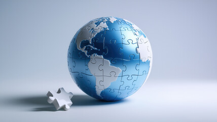 Shiny blue and white globe made of interlocking puzzle pieces with one piece separated, symbolizing unity and complexity