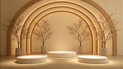 Serene Minimalist Product Display:  Cream Cylindrical Platforms, Wooden Arch Backdrop, Elegant Branch Decor.