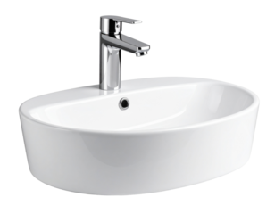 Modern Chrome Faucet with Oval Ceramic Basin, Transparent PNG.