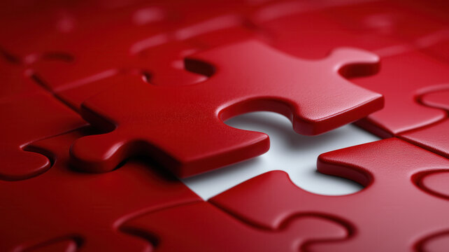 Red puzzle piece missing from nearly complete flat puzzle with smooth texture and close up view creating sense of anticipation and focus - Powered by Adobe