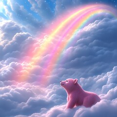 Pink bear cub gazes at celestial rainbow arching across dreamy clouds