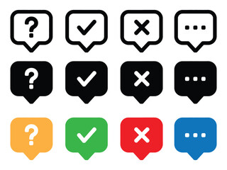 Communication bubble icons featuring question, check mark, cross, and dots in outline, solid, and color styles