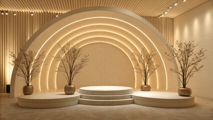 Modern Minimalist Beige Product Display Stage with Warm Lighting and Dried Floral Arrangements