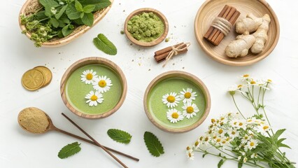 Serene Spa Treatment:  Matcha, Chamomile, and Ginger Wellness Ritual; Flatlay Photography,  Organic Ingredients, Calming Mood.