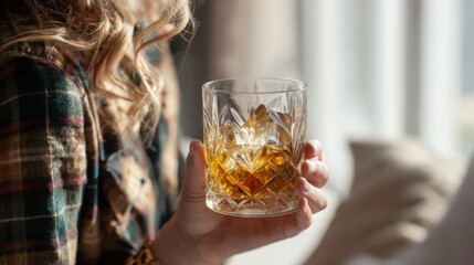 The elegant glass of whiskey held in a relaxed indoor setting.