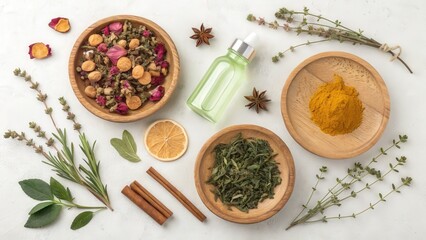 Natural ingredients for skincare and herbal remedies with essential oil dropper
