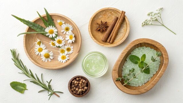 Natural spa ingredients including chamomile flowers mint rosemary cinnamon star anise and bath salts
