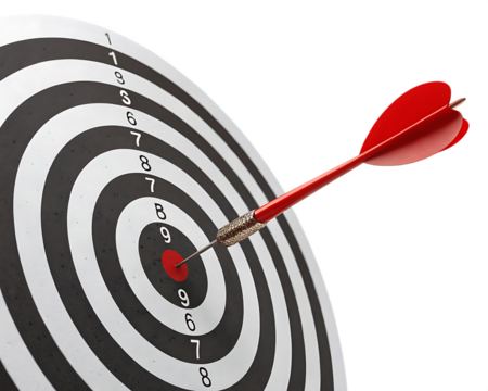 Red dart hitting the bullseye on a black and white target isolated on a transparent background arrow - Powered by Adobe