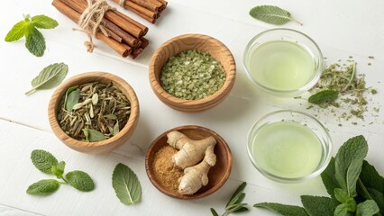Herbal ingredients for natural wellness and healthy beverages including mint cinnamon ginger and green tea
