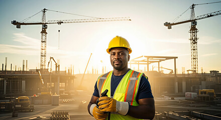 Confident Black Construction Worker with Safety Vest and Helmet on Urban Site at Sunset.