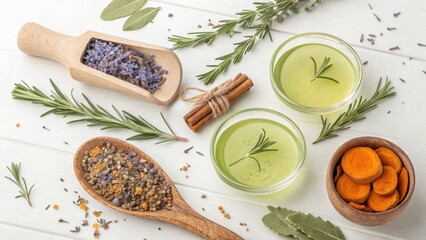 Natural ingredients for wellness and beauty including lavender rosemary cinnamon turmeric and herbal mixtures